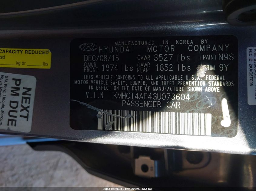 2016 Hyundai Accent Se VIN: KMHCT4AE4GU073604 Lot: 43932603