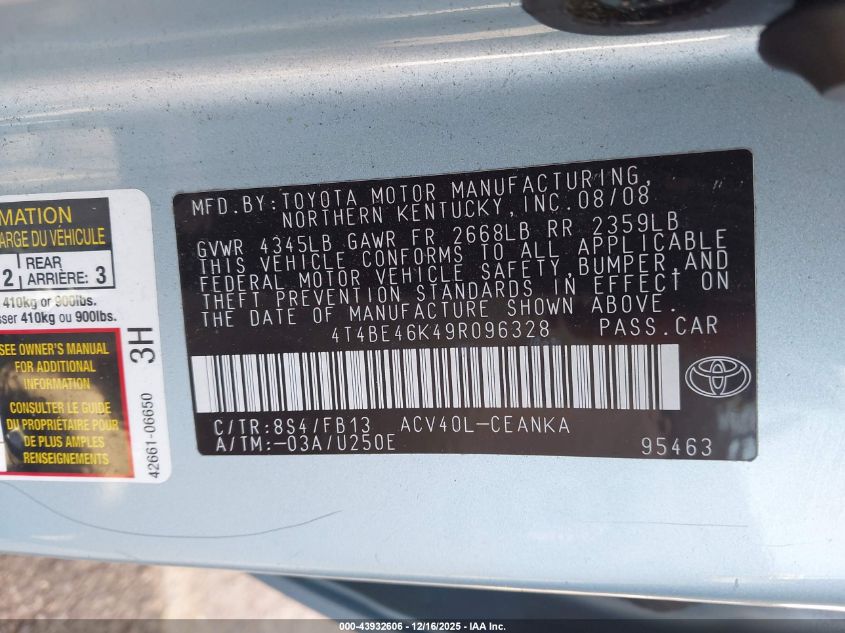 2009 Toyota Camry Le VIN: 4T4BE46K49R096328 Lot: 43932606