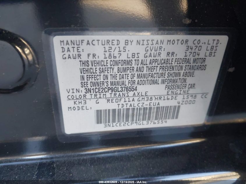 2016 Nissan Versa Note S Plus VIN: 3N1CE2CP9GL376554 Lot: 43932609