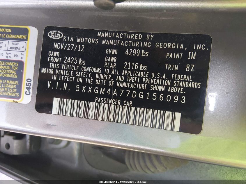 2013 Kia Optima Lx VIN: 5XXGM4A77DG156093 Lot: 43932614