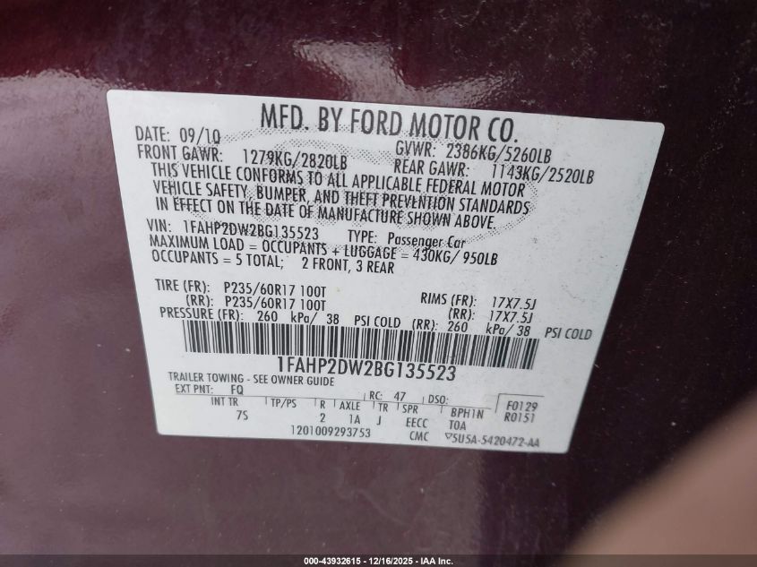 2011 Ford Taurus Se VIN: 1FAHP2DW2BG135523 Lot: 43932615