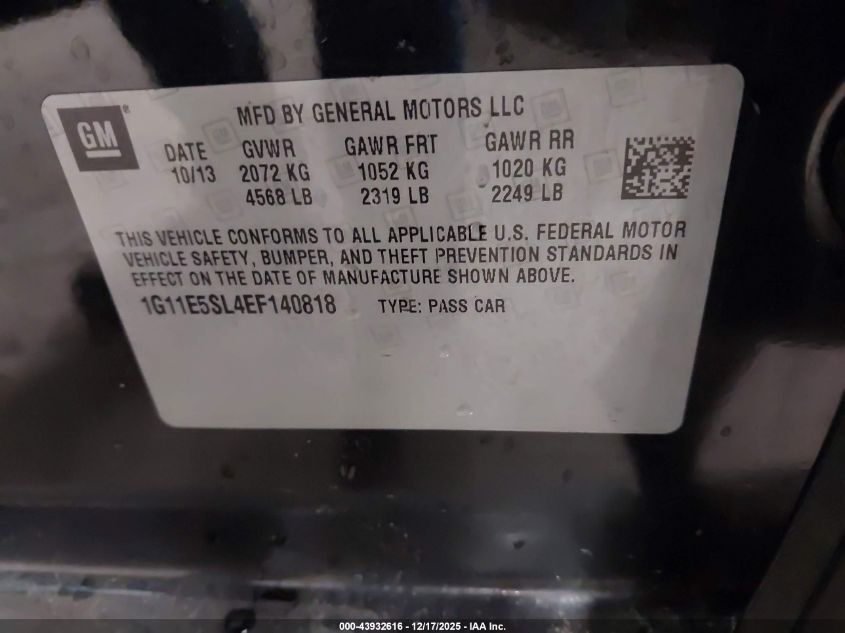 2014 Chevrolet Malibu 2Lt VIN: 1G11E5SL4EF140818 Lot: 43932616