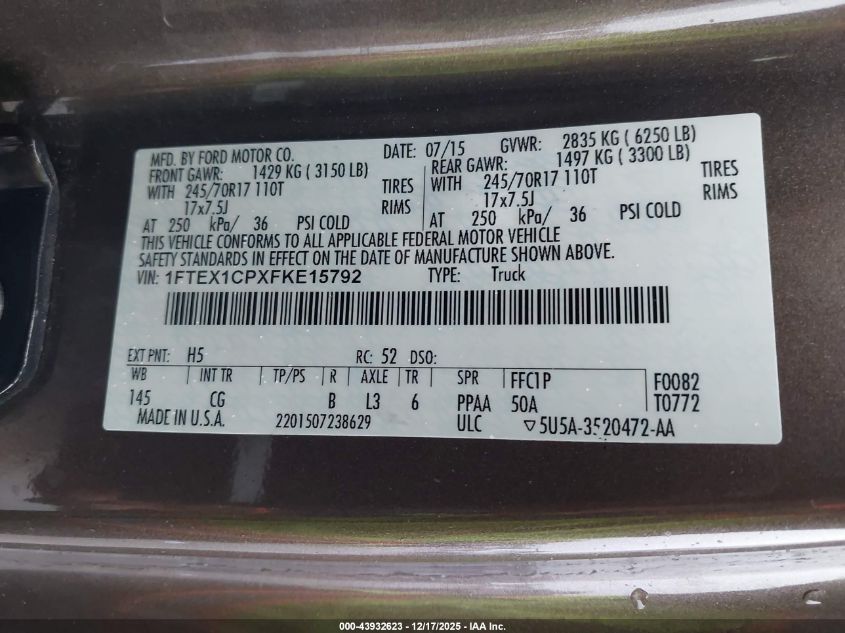 2015 Ford F-150 Xl VIN: 1FTEX1CPXFKE15792 Lot: 43932623