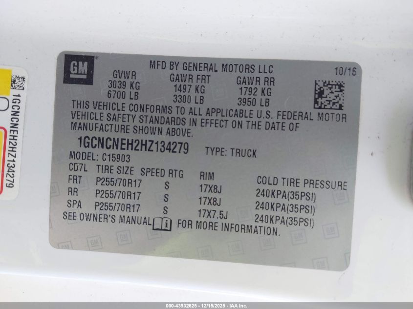 2017 Chevrolet Silverado 1500 Wt VIN: 1GCNCNEH2HZ134279 Lot: 43932625