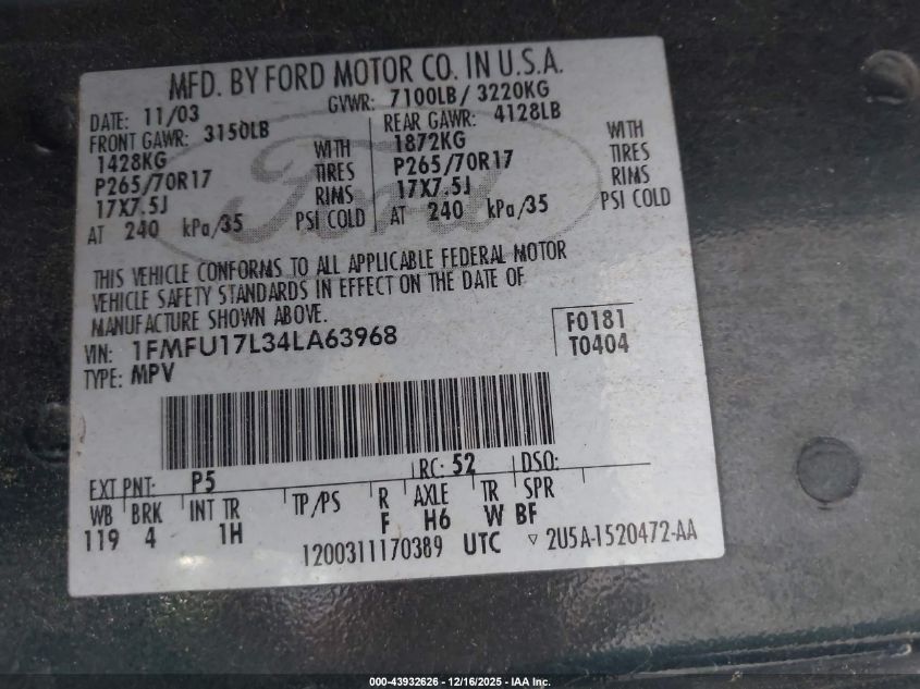 2004 Ford Expedition Eddie Bauer VIN: 1FMFU17L34LA63968 Lot: 43932626