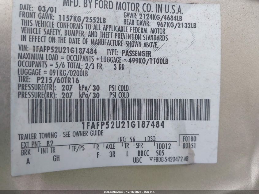 2001 Ford Taurus Lx VIN: 1FAFP52U21G187484 Lot: 43932630