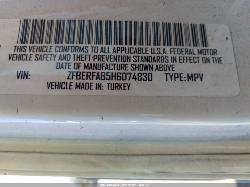2017 Ram Promaster City Tradesman VIN: ZFBERFAB5H6D74830 Lot: 43932631