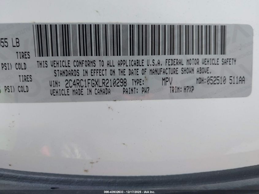 2020 Chrysler Pacifica Touring VIN: 2C4RC1FGXLR210298 Lot: 43932633