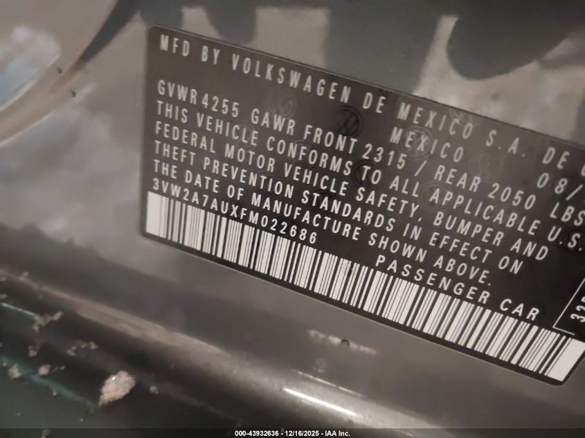 2015 Volkswagen Golf Tdi Se 4-Door VIN: 3VW2A7AUXFM022686 Lot: 43932636