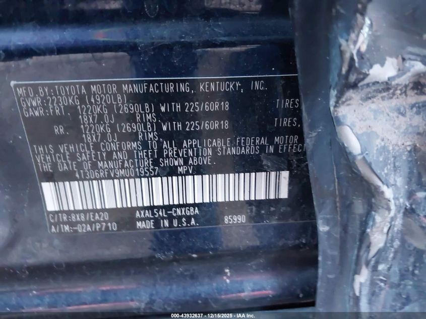 2021 Toyota Rav4 Hybrid Limited VIN: 4T3D6RFV9MU019557 Lot: 43932637