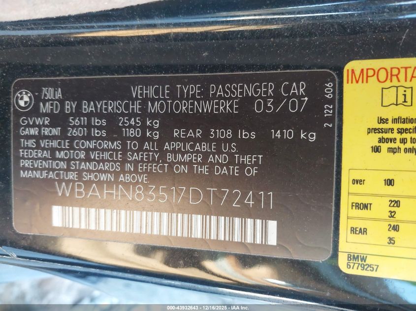 2007 BMW 750Li VIN: WBAHN83517DT72411 Lot: 43932643