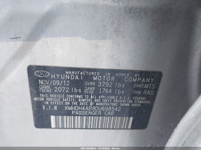 2013 Hyundai Elantra Limited VIN: KMHDH4AE8DU698542 Lot: 43932644