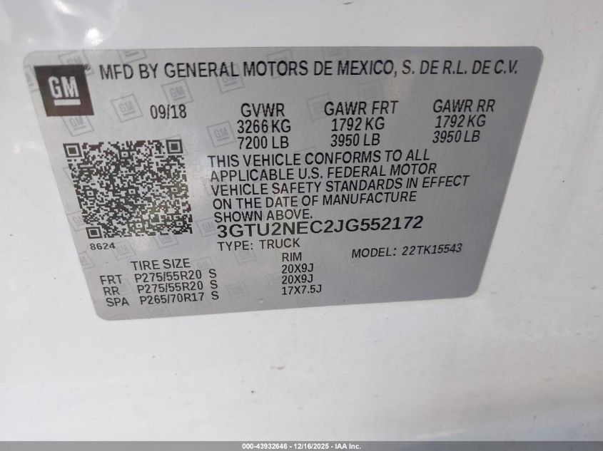 2018 GMC Sierra 1500 Slt VIN: 3GTU2NEC2JG552172 Lot: 43932646