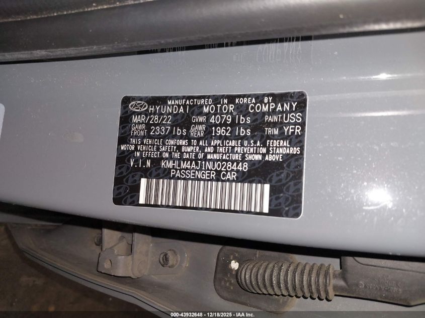 2022 Hyundai Elantra Hybrid Blue VIN: KMHLM4AJ1NU028448 Lot: 43932648