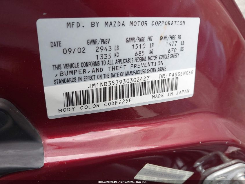 2003 Mazda Mx-5 Miata Cloth/Ls/Se/Shinsen VIN: JM1NB353930302427 Lot: 43932649