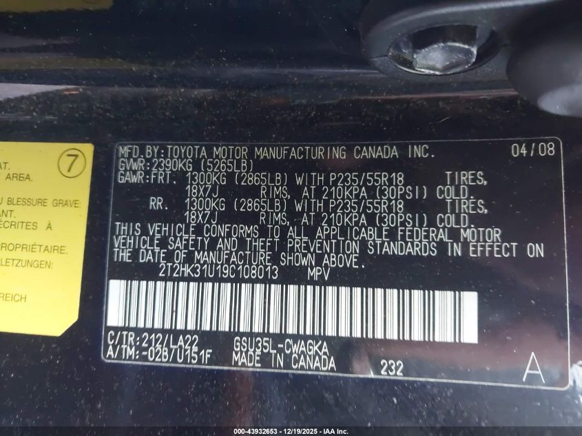 2009 Lexus Rx 350 VIN: 2T2HK31U19C108013 Lot: 43932653