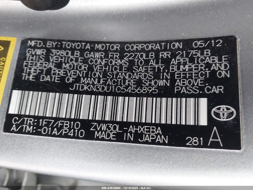 2012 Toyota Prius Three VIN: JTDKN3DU1C5456895 Lot: 43932660