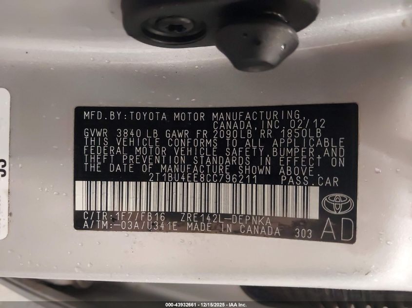 2012 Toyota Corolla Le VIN: 2T1BU4EE8CC796211 Lot: 43932661