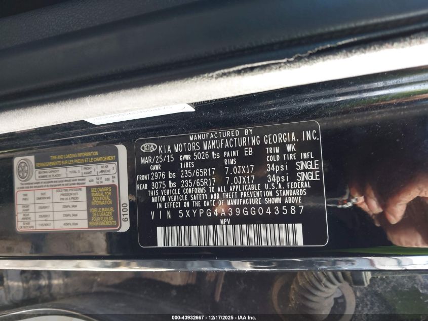 2016 Kia Sorento 2.4L L VIN: 5XYPG4A39GG043587 Lot: 43932667