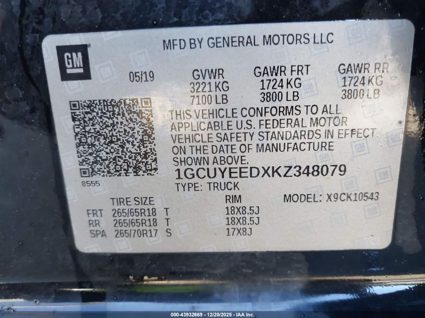 2019 Chevrolet Silverado 1500 Rst VIN: 1GCUYEEDXKZ348079 Lot: 43932669