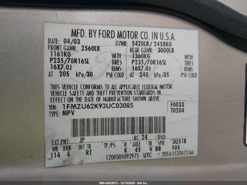 2003 Ford Explorer Xls VIN: 1FMZU62K93UC03085 Lot: 43932673