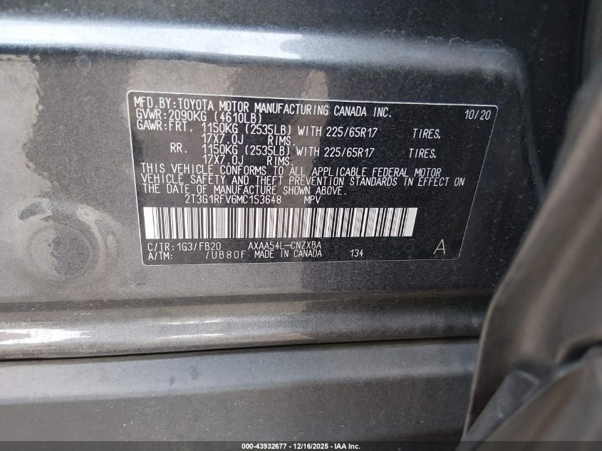 2021 Toyota Rav4 Le VIN: 2T3G1RFV6MC153648 Lot: 43932677