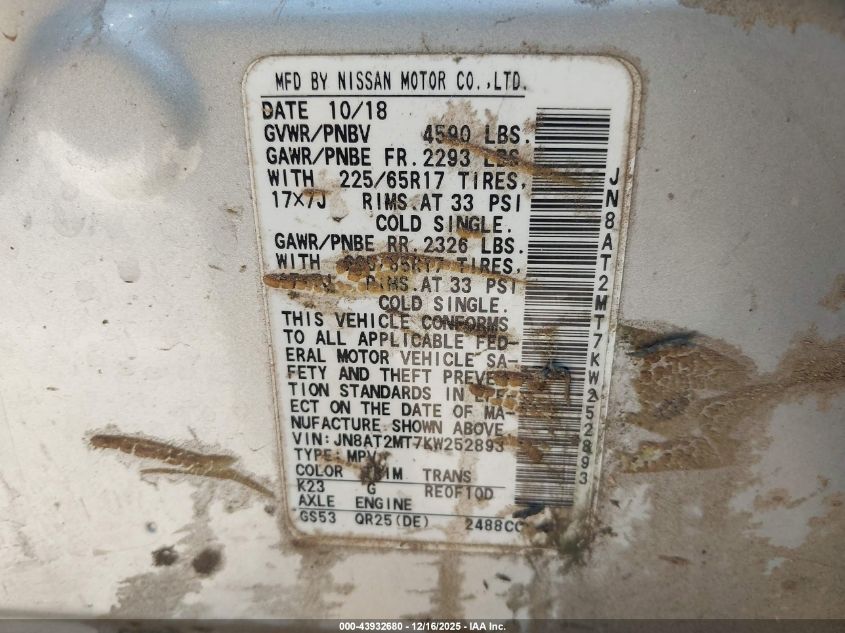2019 Nissan Rogue S VIN: JN8AT2MT7KW252893 Lot: 43932680