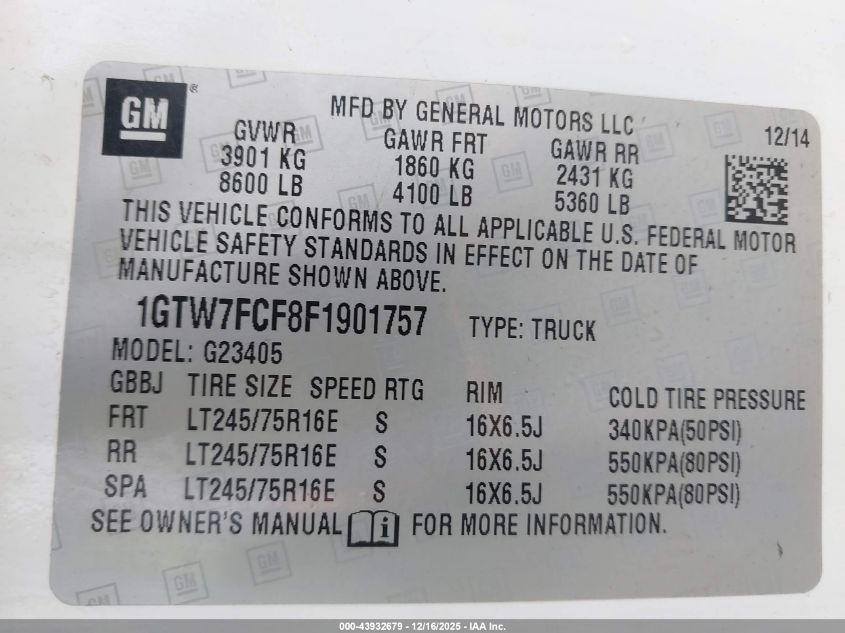 2015 GMC Savana 2500 Work Van VIN: 1GTW7FCF8F1901757 Lot: 43932679