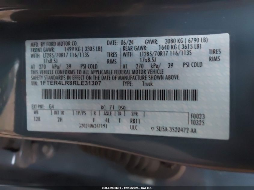 2024 Ford Ranger Raptor VIN: 1FTER4LR8RLE31307 Lot: 43932681