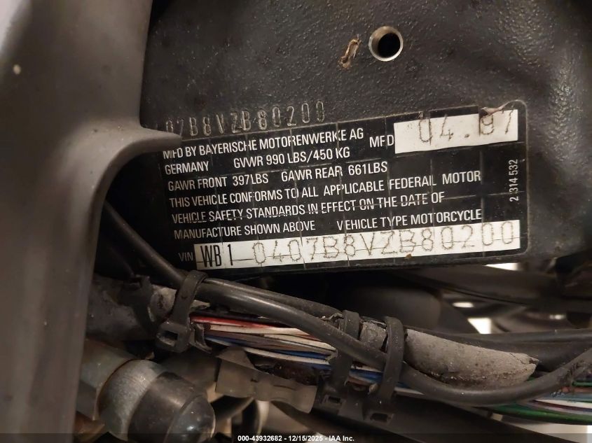 1997 BMW R1100 R VIN: WB10407B8VZB80200 Lot: 43932682