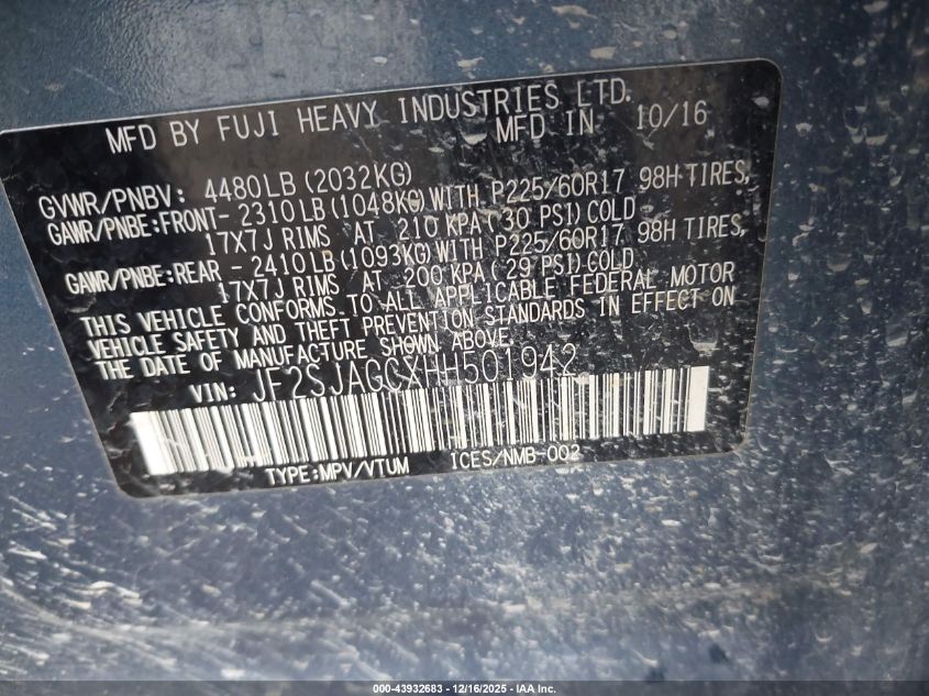 2017 Subaru Forester 2.5I Premium VIN: JF2SJAGCXHH501942 Lot: 43932683