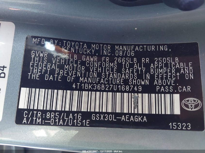 2007 Toyota Avalon Xls VIN: 4T1BK36B27U168749 Lot: 43932687