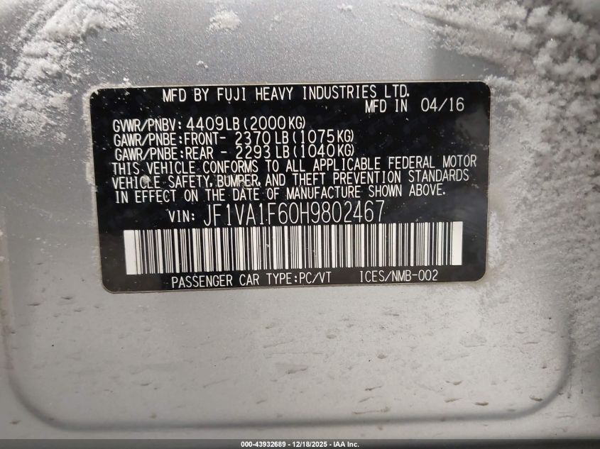 2017 Subaru Wrx Premium VIN: JF1VA1F60H9802467 Lot: 43932689