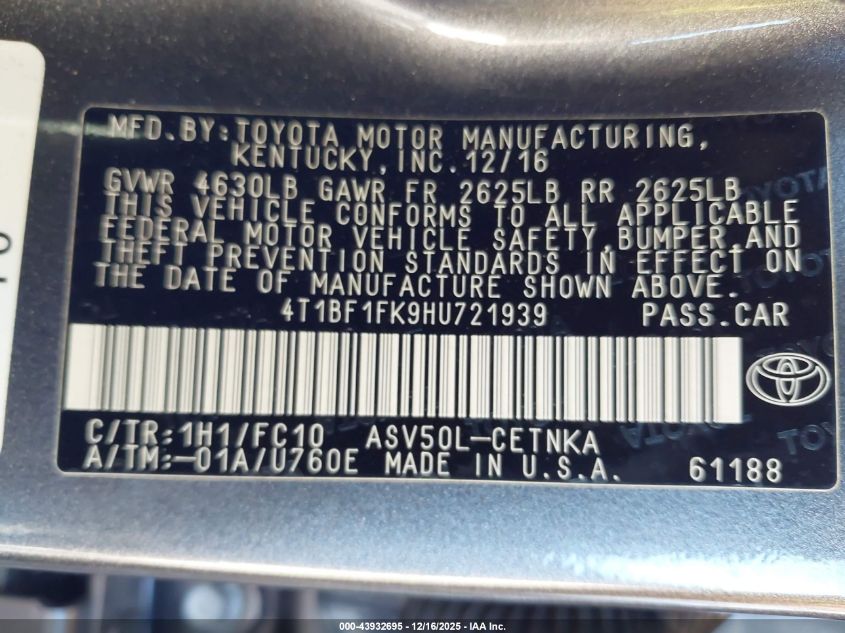 2017 Toyota Camry Le VIN: 4T1BF1FK9HU721939 Lot: 43932695