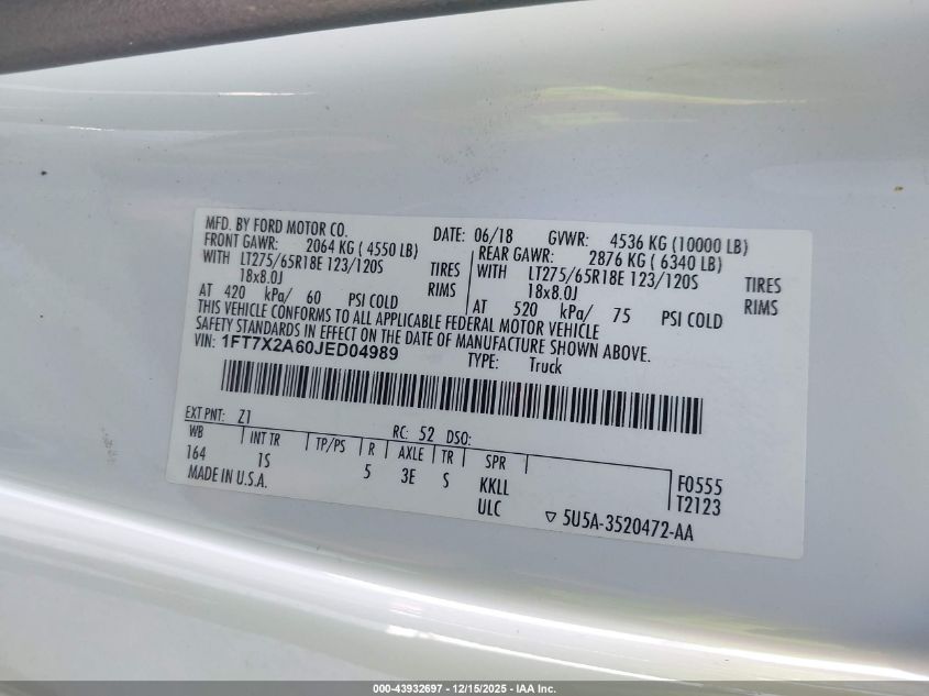 2018 Ford F-250 Xl VIN: 1FT7X2A60JED04989 Lot: 43932697