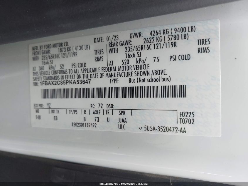 2023 Ford Transit-350 Passenger Van Xlt VIN: 1FBAX2C85PKA53647 Lot: 43932702