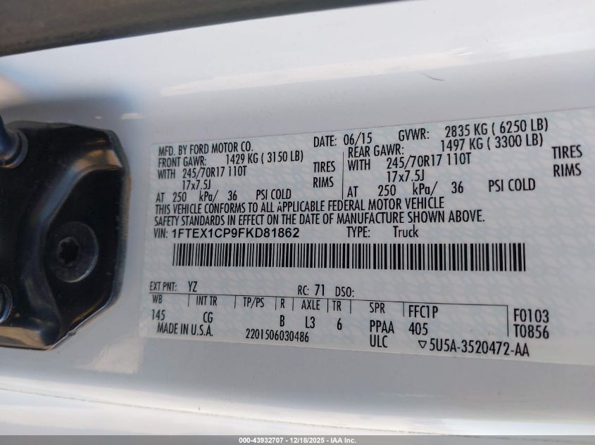 2015 Ford F-150 Xl VIN: 1FTEX1CP9FKD81862 Lot: 43932707