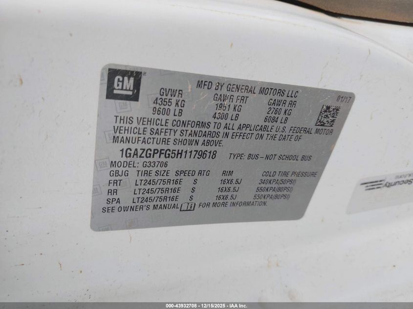 2017 Chevrolet Express 3500 Lt VIN: 1GAZGPFG5H1179618 Lot: 43932708