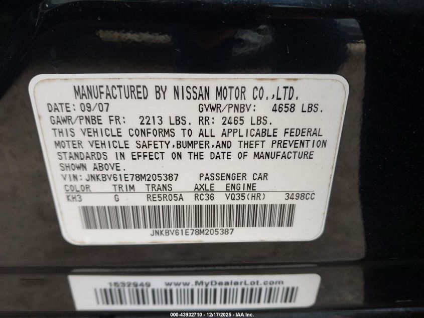 2008 Infiniti G35 Journey VIN: JNKBV61E78M205387 Lot: 43932710