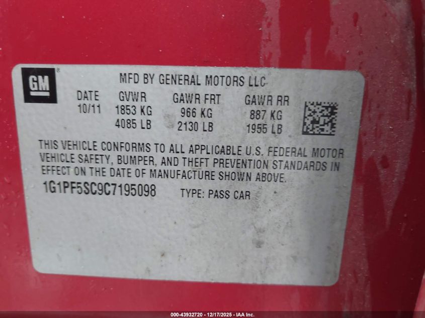 2012 Chevrolet Cruze 1Lt VIN: 1G1PF5SC9C7195098 Lot: 43932720