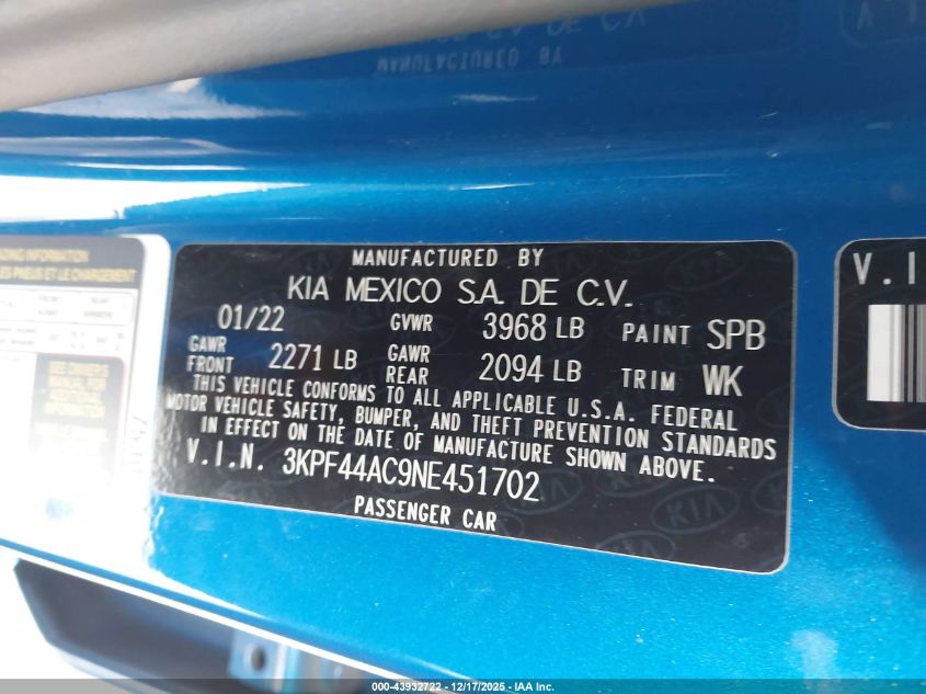 2022 Kia Forte Gt VIN: 3KPF44AC9NE451702 Lot: 43932722