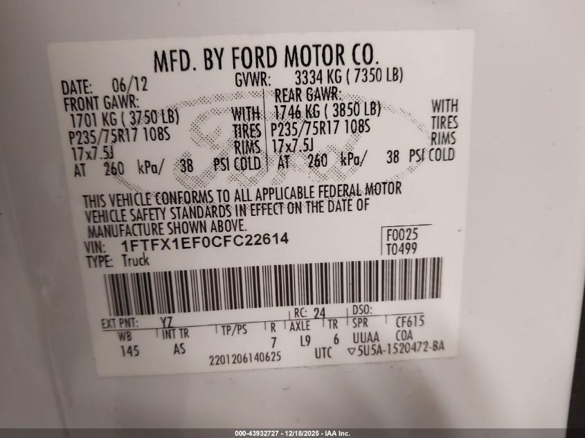 2012 Ford F-150 Xl VIN: 1FTFX1EF0CFC22614 Lot: 43932727