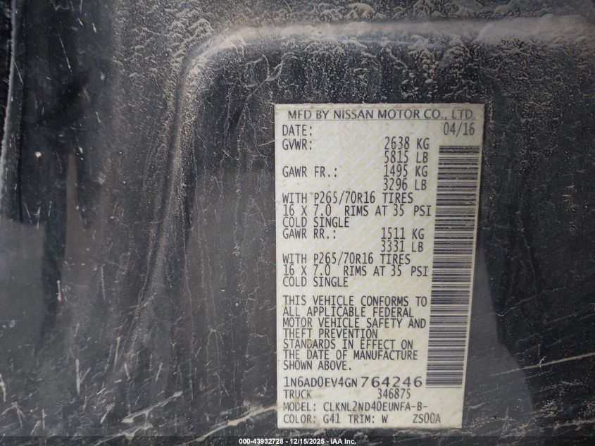2016 Nissan Frontier Sv VIN: 1N6AD0EV4GN764246 Lot: 43932728
