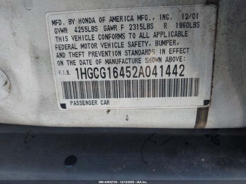 2002 Honda Accord 3.0 Lx VIN: 1HGCG16452A041442 Lot: 43932729