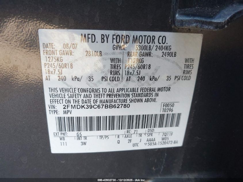 2007 Ford Edge Sel Plus VIN: 2FMDK39C67BB62780 Lot: 43932730