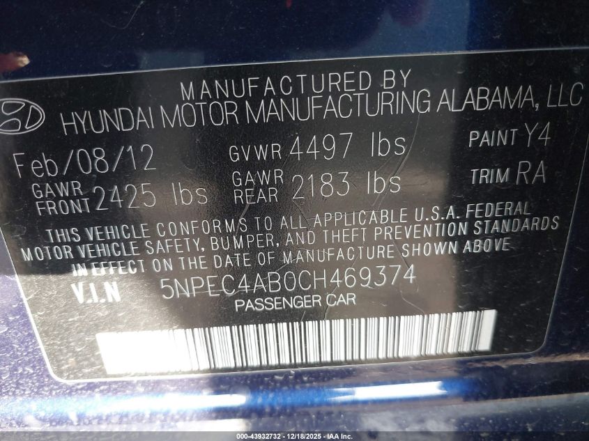 2012 Hyundai Sonata Limited 2.0T VIN: 5NPEC4AB0CH469374 Lot: 43932732