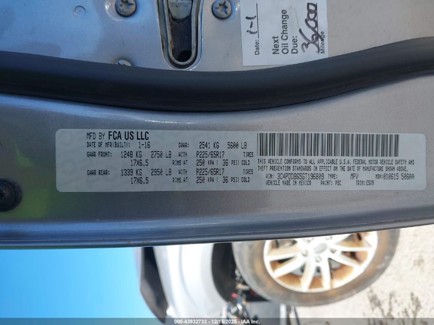 2016 Dodge Journey Sxt VIN: 3C4PDDBG5GT196809 Lot: 43932733