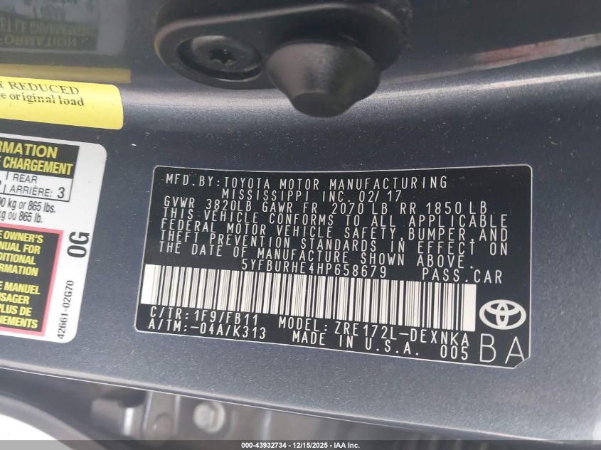 2017 Toyota Corolla Le VIN: 5YFBURHE4HP658679 Lot: 43932734