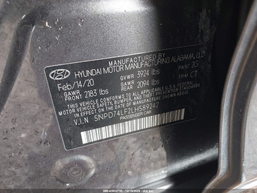 2020 Hyundai Elantra Se VIN: 5NPD74LF2LH589242 Lot: 43932735