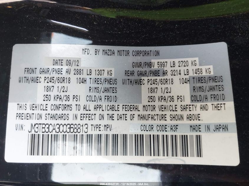 2012 Mazda Cx-9 Touring VIN: JM3TB3CA3C0368813 Lot: 43932739